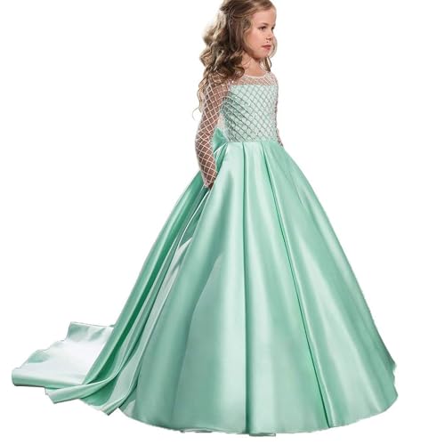 PLWEDDING Atemberaubende Blumenmädchen Kleid mit Langen Zug Kinder Satin Ballkleid für Weihnachten Geburtstag Party(10,Minze) von PLWEDDING