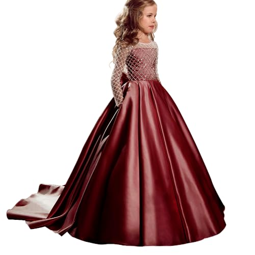 PLWEDDING Atemberaubende Blumenmädchen Kleid mit Langen Zug Kinder Satin Ballkleid für Weihnachten Geburtstag Party(12,Burgundisch) von PLWEDDING