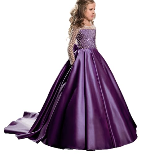 PLWEDDING Atemberaubende Blumenmädchen Kleid mit Langen Zug Kinder Satin Ballkleid für Weihnachten Geburtstag Party(12,Violett) von PLWEDDING