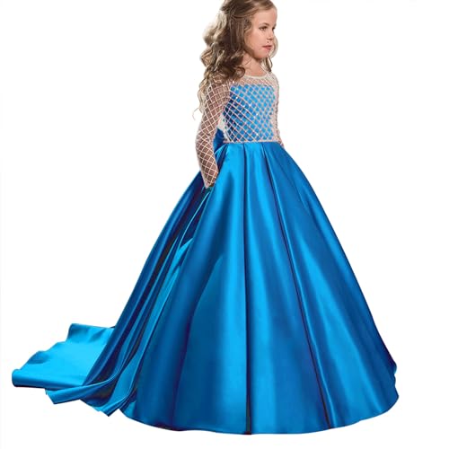PLWEDDING Atemberaubende Blumenmädchen Kleid mit Langen Zug Kinder Satin Ballkleid für Weihnachten Geburtstag Party(4,Blau) von PLWEDDING