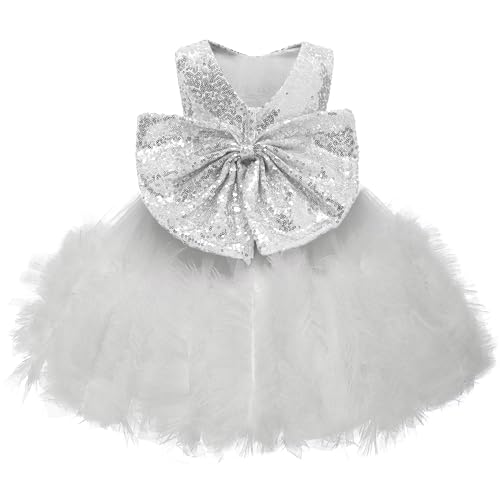 PLWEDDING Baby Mädchen Pailletten Blumenmädchen Kleid Kleinkind Prinzessin Tüll Tutu Festzug Ballkleider(12 Monate,Silber) von PLWEDDING