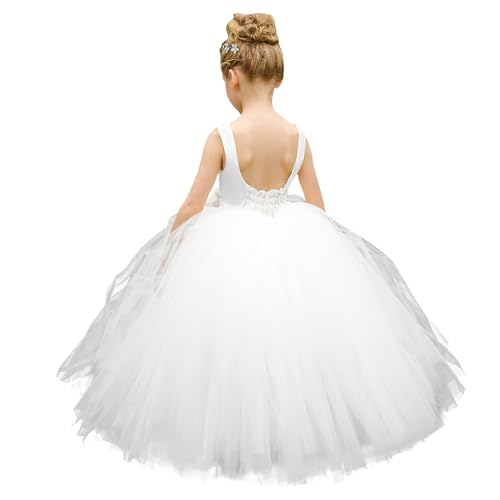 PLWEDDING Blumenmädchen Kleid Geburtstag Tutu Pageant Tüll Prinzessin Ballkleider Party Hochzeit Kinder Satin Kleider(2,weiß) von PLWEDDING