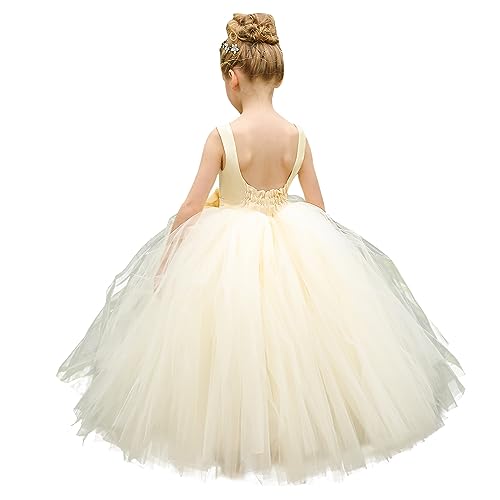 PLWEDDING Blumenmädchen Kleid Geburtstag Tutu Pageant Tüll Prinzessin Ballkleider Party Hochzeit Kinder Satin Kleider(4,Champagner) von PLWEDDING