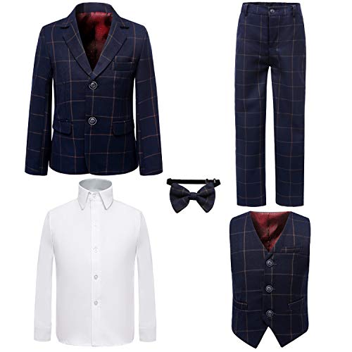 PLWEDDING Boy's 5 Stück Smokings Kleinkind Formale Anzüge Set Kinder Slim Fit Anzug für Hochzeiten(10,Blau kariert) von PLWEDDING