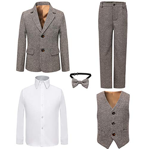 PLWEDDING Boy's 5 Stück Smokings Kleinkind Formale Anzüge Set Kinder Slim Fit Anzug für Hochzeiten(12,Leinen) von PLWEDDING