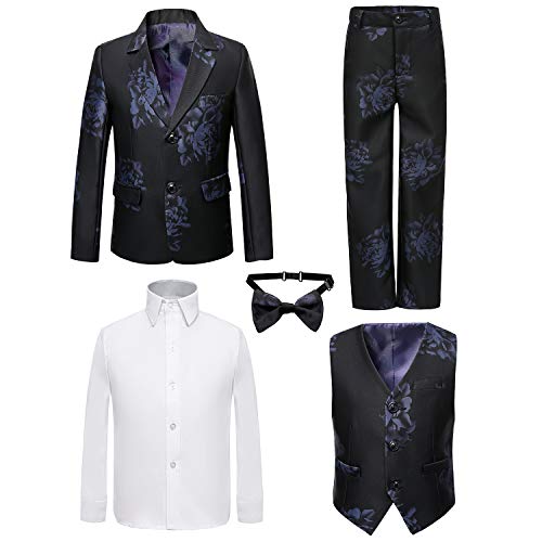 PLWEDDING Boy's 5 Stück Smokings Kleinkind Formale Anzüge Set Kinder Slim Fit Anzug für Hochzeiten(12,Schwarz mit Muster) von PLWEDDING