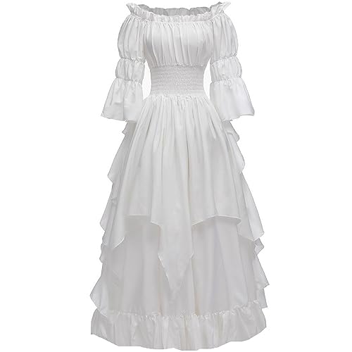 PLWEDDING Damen Gothic Hexen Kleid Mittelalter Renaissance Kostüm Viktorianisches Kleid(weiß,S/M) von PLWEDDING