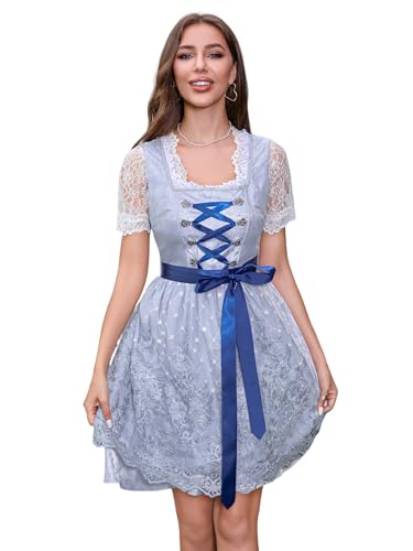PLWEDDING Dirndl für Damen 3 Teilig Dirndl-Kleid Blau Ärmellos Schleifengürtel Satinrock Festliches Trachtenkleid für Oktoberfest Karneval Besondere Anlässe(XL) von PLWEDDING