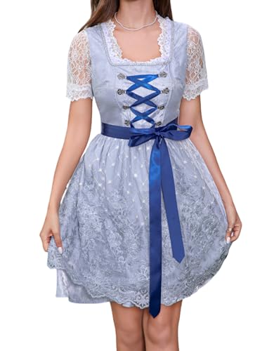PLWEDDING Dirndl für Damen 3 Teilig Dirndl-Kleid Blau Ärmellos Schleifengürtel Satinrock Festliches Trachtenkleid für Oktoberfest Karneval Besondere Anlässe(XL) von PLWEDDING