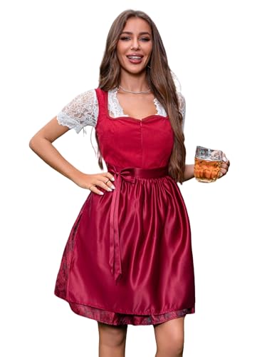 PLWEDDING Dirndl für Damen 3 Teilig Dirndl-Kleid Burgunderrot Satinrock Festliches Trachtenkleid(L) von PLWEDDING