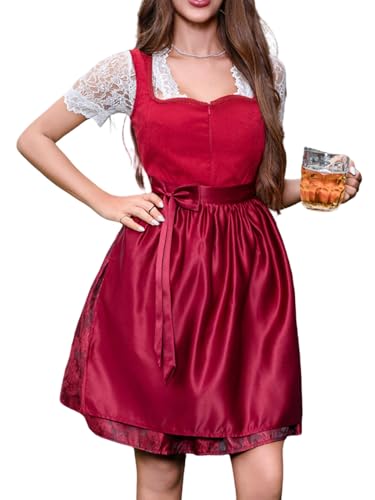 PLWEDDING Dirndl für Damen 3 Teilig Dirndl-Kleid Burgunderrot Satinrock Festliches Trachtenkleid(M) von PLWEDDING
