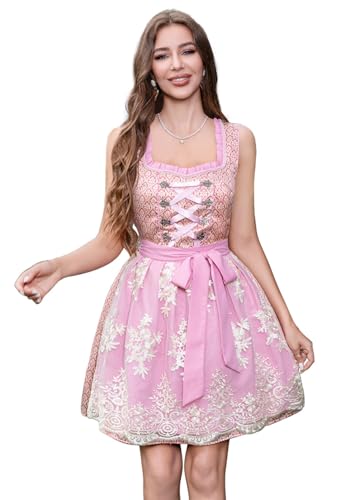 PLWEDDING Dirndl für Damen Rosa Ärmellos Knielanges Plissee Dirndlschürze inkl. Trachtenrock Dirndlbluse Dirndlschürze für Oktoberfest, Herbstfest & traditionelle(L) von PLWEDDING