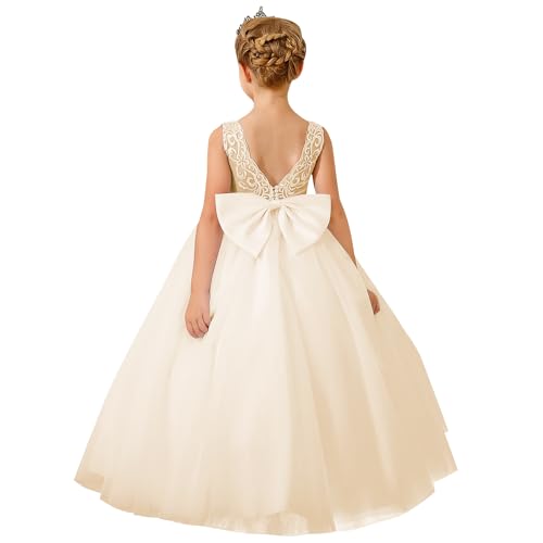 PLWEDDING Elegante Spitze Stickerei Blumenmädchen Kleid für Hochzeit Kinder V-Rücken Ballkleid mit Schleife (2,Champagner) von PLWEDDING