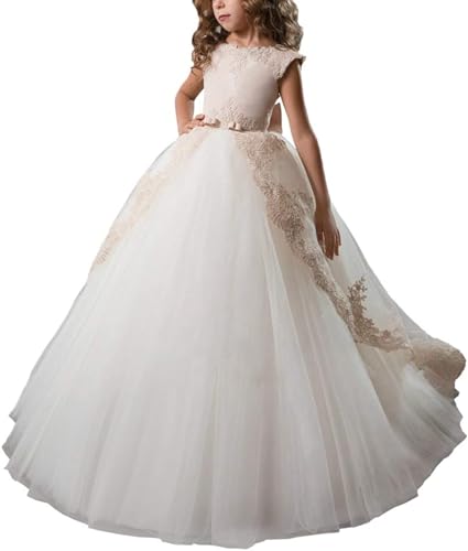 PLWEDDING Fancy Blumenmädchen Kleid Lange Spitze Festzug Puffy Tulle Ballkleid(4,Champagner) von PLWEDDING