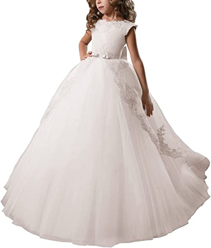 PLWEDDING Fancy Blumenmädchen Kleid Lange Spitze Festzug Puffy Tulle Ballkleid(6,weiß) von PLWEDDING
