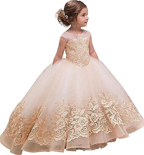 PLWEDDING Fancy Spitze Applikationen Blumenmädchen Kleid Kinder Hochzeitskleid Mädchen Prinzessin Tüll Ballkleid(10,Champagner) von PLWEDDING