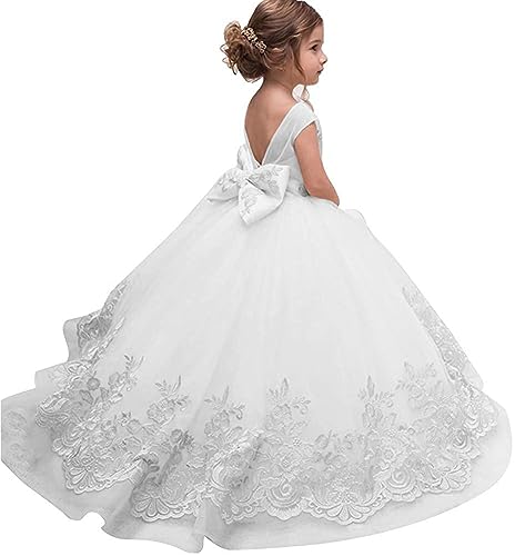 PLWEDDING Fancy Spitze Applikationen Blumenmädchen Kleid Kinder Hochzeitskleid Mädchen Prinzessin Tüll Ballkleid(12,weiß ärmellos) von PLWEDDING