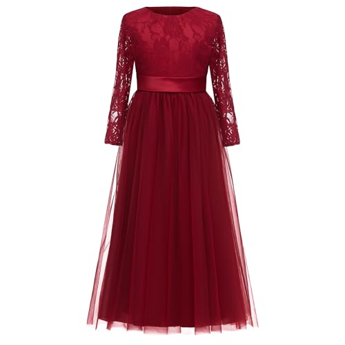 PLWEDDING Fancy Spitze Blumenmädchen Kleid für Hochzeit Mädchen A -Line Erstkommunion Kleider(10,Burgund) von PLWEDDING
