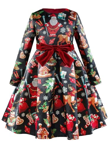 PLWEDDING Mädchen-Weihnachtskleid- Santa Print Weihnachtsfeier Kleid für Kinder mit Gürtel, perfekte Festival Outfit(10,Schwarz mit Weihnachtsmotiven) von PLWEDDING