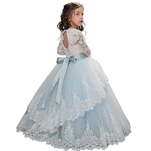 PLWEDDING Spitze Lange Ärmel Blumenmädchen Kleid Prinzessin Tüll Kleid für Kinder Erstkommunion Kleider(10,Blau) von PLWEDDING
