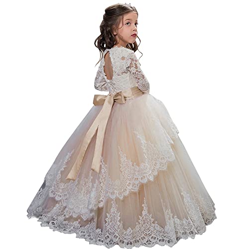 PLWEDDING Spitze Lange Ärmel Blumenmädchen Kleid Prinzessin Tüll Kleid für Kinder Erstkommunion Kleider(10,Champagner) von PLWEDDING