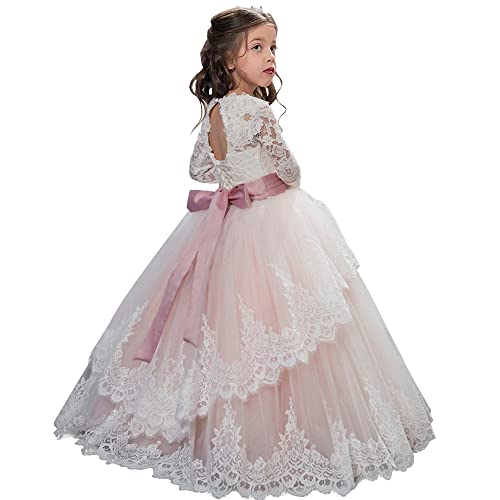 PLWEDDING Spitze Lange Ärmel Blumenmädchen Kleid Prinzessin Tüll Kleid für Kinder Erstkommunion Kleider(10,Rosa) von PLWEDDING