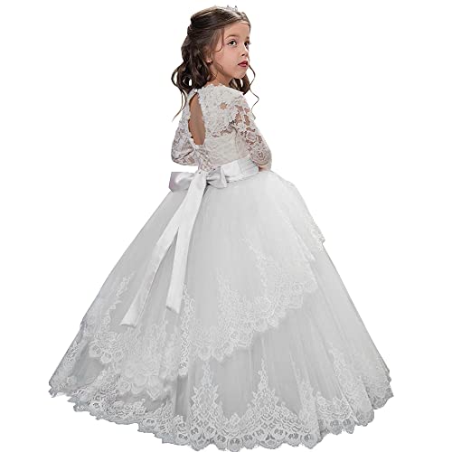 PLWEDDING Spitze Lange Ärmel Blumenmädchen Kleid Prinzessin Tüll Kleid für Kinder Erstkommunion Kleider(10,weiß) von PLWEDDING
