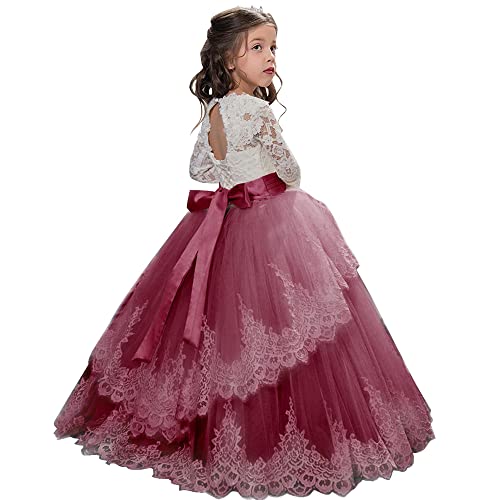 PLWEDDING Spitze Lange Ärmel Blumenmädchen Kleid Prinzessin Tüll Kleid für Kinder Erstkommunion Kleider(4,Burgundisch) von PLWEDDING