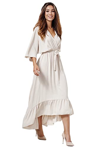 PM SELECTED Damen Maxikleid Midi Lang Kleider Wickelkleid Optik Sommerkleid Strandkleid Abendkleid Sommer Elegant Freizeitkleid Kurzarm in Einheitsgröße PM-25 (Beige) von PM SELECTED
