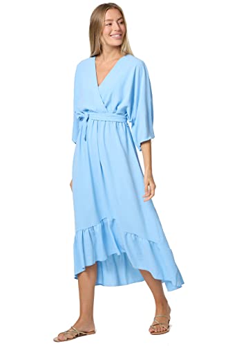 PM SELECTED Damen Maxikleid Midi Lang Kleider Wickelkleid Optik Sommerkleid Strandkleid Abendkleid Sommer Elegant Freizeitkleid Kurzarm in Einheitsgröße PM-25 (Blau) von PM SELECTED