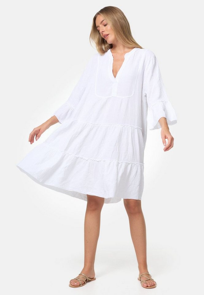 Rayshyne Sommerkleid PM39 (Leichtes Sommer Minikleid aus Musselin mit Rüschen) Musselin, Baumwolle, Rüschen, 3/4 Ärmel, Oversize von Rayshyne