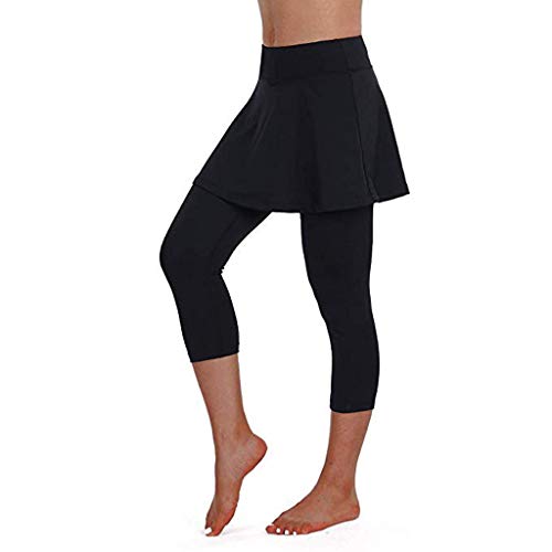 Elastische Hosenrock Damen Laufhose Tennisrock Yoga Sport Soft Rockhose Tennisbekleidung 2-in-1 Workout Skort Caprihose Laufrock Leggings mit Rock Knöchelläng (M, Schwarz) von PMDKLSPQ