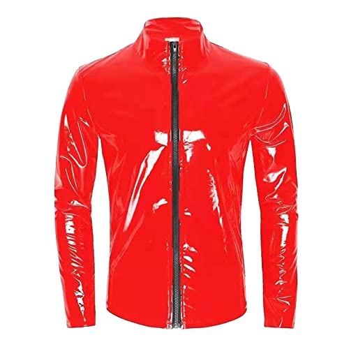 Herren Lack-Optik Jacke Kurze Mantel Wetlook Oberteile Männer Kunstleder Hemd T-Shirt Slim Fit Latex Glänzend Tops Party Outwear von PMDKLSPQ