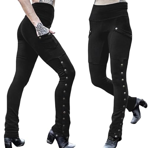 PMDKLSPQ Damen Gothic Hose Punk Sexy Leggings High Waist Elastische Taille mit Bauchkontrolle Bleistifthosen mit Niet Steampunk Strumpfhose Outdoor Militärhosen Sporthosen Gotische Karneval Kostüm von PMDKLSPQ