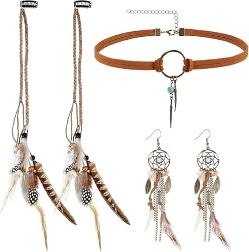 Indianerschmuck Damen Set – Boho Feder Haarschmuck & Choker Halskette & Ohrringe – Vintage Schmuck Set 4-teilig – Braun Silber – Einheitsgröße von PMELCXD