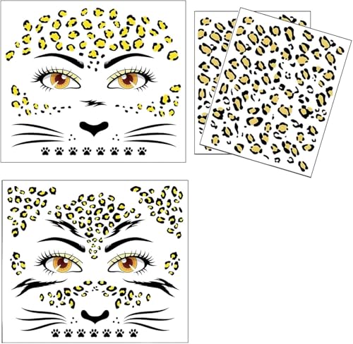 Leopard Face Art & Tattoo Sticker,Leopard Gesichtstattoo, 2 verschiedene Designs, selbstklebend, glänzend, wiederverwendbar, für Karneval und Partys von PMELCXD