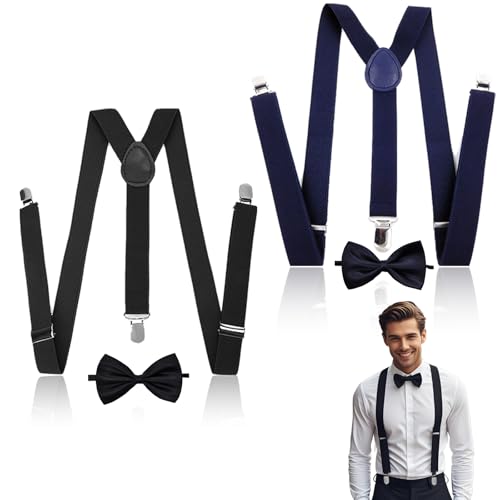 PMELCXD Hosenträger Breit mit Fliege im Set,2 Hosenträger für Herren,Hosenträger Mit Fliege Set,Hochwertige Hosenträger Herren Extra Stark–Schwarze Hosenträge,Ideal für Partys und Veranstaltungen von PMELCXD
