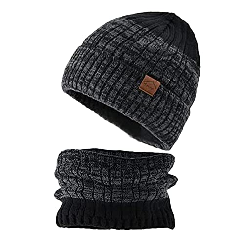 PMELCXD Winter Beanie Mütze,Winter Warme Mütze Beanie Schal Set Wolle Strickmütze Wintermütze und Loop Schal mit Dicke Fleecefutter für Herren und Damen von PMELCXD