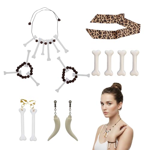 Steinzeit Kostüm Zubehör Set 12-teilig – Knochen Haarspangen Knochen Halskette Leopardenmuster Schal Knochen Armbänder Ohrringe – Ideales Set für Halloween Verkleidung Steinzeit Mottoparty D von PMELCXD