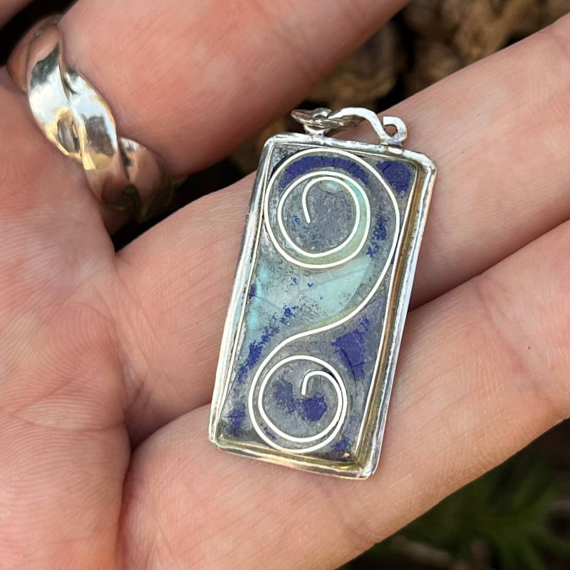 Blauer Wirbel Rechteck Emaille 925 Sterling Silber Anhänger Handarbeit von PMMETALWRKS