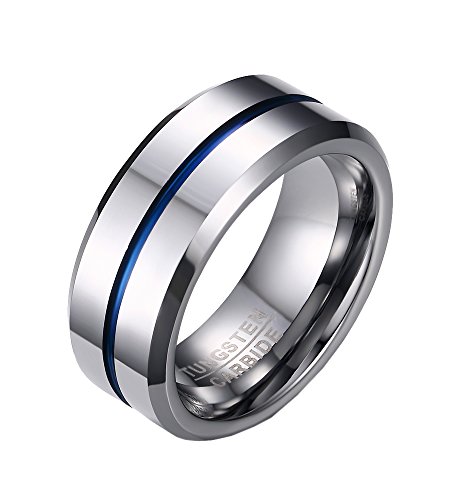 PMTIER Herren 8MM Blau Gerillt Wolfram Ring Hochzeitsring Silber Ton Größe 68 (21.6) von PMTIER