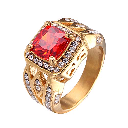 PAMTIER Herren Jahrgang Edelstahl Zirkonia Kristall Ring Gold Rot Größe 62 von PAMTIER