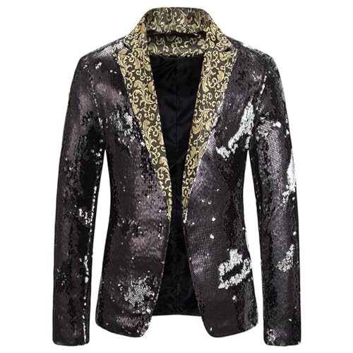 PMUAFG Glitzer Sakko Herren Heißprägeanzug Pailletten Sakko Revers Glitzer Sakko Männer Party-Blazer Mode Anzugmantel Glitzer Blazer Elegant Anzugjacke Retro Herrenanzug Für Hochzeit Party Festlich von PMUAFG