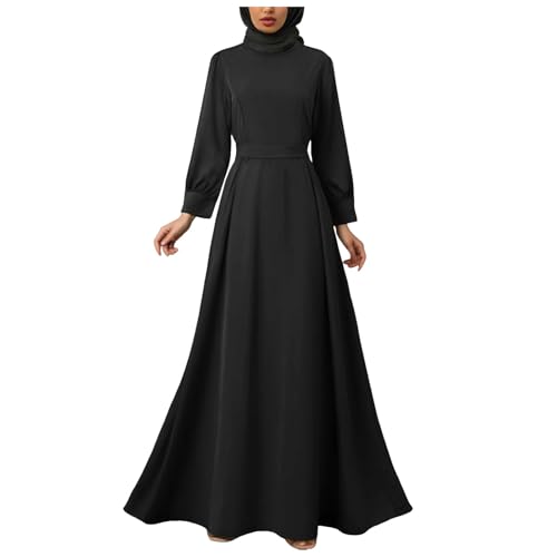 PMUAFG Muslimische Kleider Damen,Abaya Kleid für Frauen Langarm Elegant A-Linien Muslim Kleider Einfarbig Hohe Taille Gebetskleid Ramadan Robe Islamischer Tageskleid Muslimische Kleidung Frauen von PMUAFG