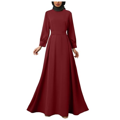 PMUAFG Muslimische Kleider Damen,Abaya Kleid für Frauen Langarm Elegant A-Linien Muslim Kleider Einfarbig Hohe Taille Gebetskleid Ramadan Robe Islamischer Tageskleid Muslimische Kleidung Frauen von PMUAFG