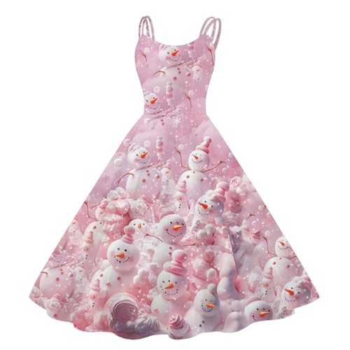 PMUAFG Weihnachtskleid Damen Frauen Cocktailkleid Weihnachten Partykleid Vintage Abendkleid Schneeflocke Weihnachten Print Kleid Bankett Damen Ballkleider Elegant Halterkleid Schulterfrei Trägerkleid von PMUAFG