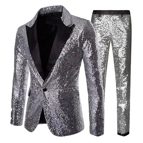 Pailletten Anzug Herren Glitzer Anzug 2-Teilige Disco-Sets Glitzer Sakko und Hose Metallic-Paillettenanzüge Hochzeit Kostüm Performance-Kostüm für Hochzeit und Party Formelle Kleidung für Herren von PMUAFG