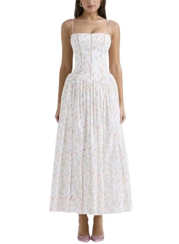 Kleid Blumenkleid Romantisches Maxikleid Trägerkleid Swing-Kleid Feenkleid Süßer Herzausschnitt Korsett Kleid, weiße blumen, S von PMVRTHQV