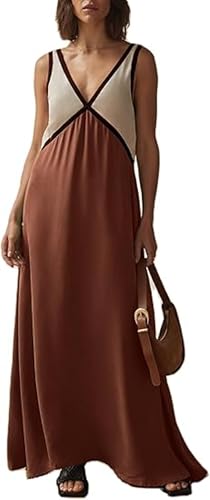 PMVRTHQV Ästhetisches Kleid, Satinkleid, Strandkleid, Sommerkleid, ärmellos, Maxikleid, V-Ausschnitt, Farbblock-Kleider, braun, M von PMVRTHQV