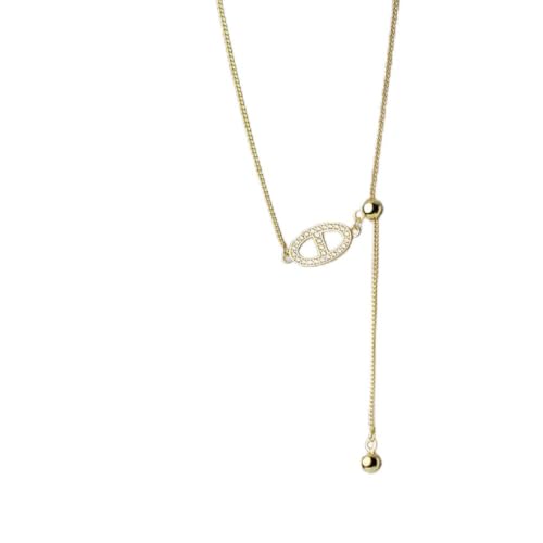 PMVRTHQV S925 Silber Verstellbare Y-Förmige Quaste Hohl Eingelegte Diamant Schweinenase Halskette mit Koreanischer Halskette, Gold von PMVRTHQV